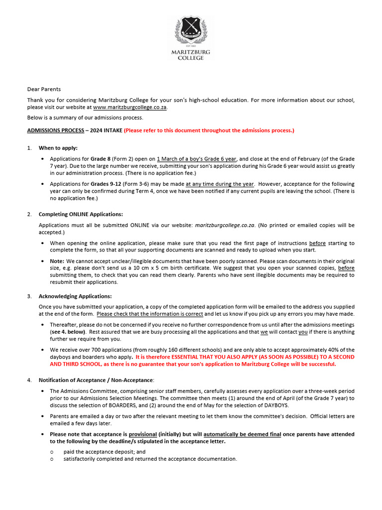 Maritzburg College Admissions 2024 Guide | PDF
