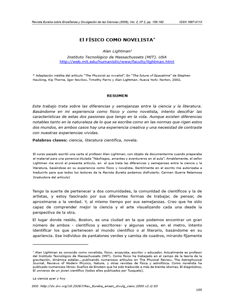Alan Lightman El F sico Como Novelista PDF Electr n Teor a