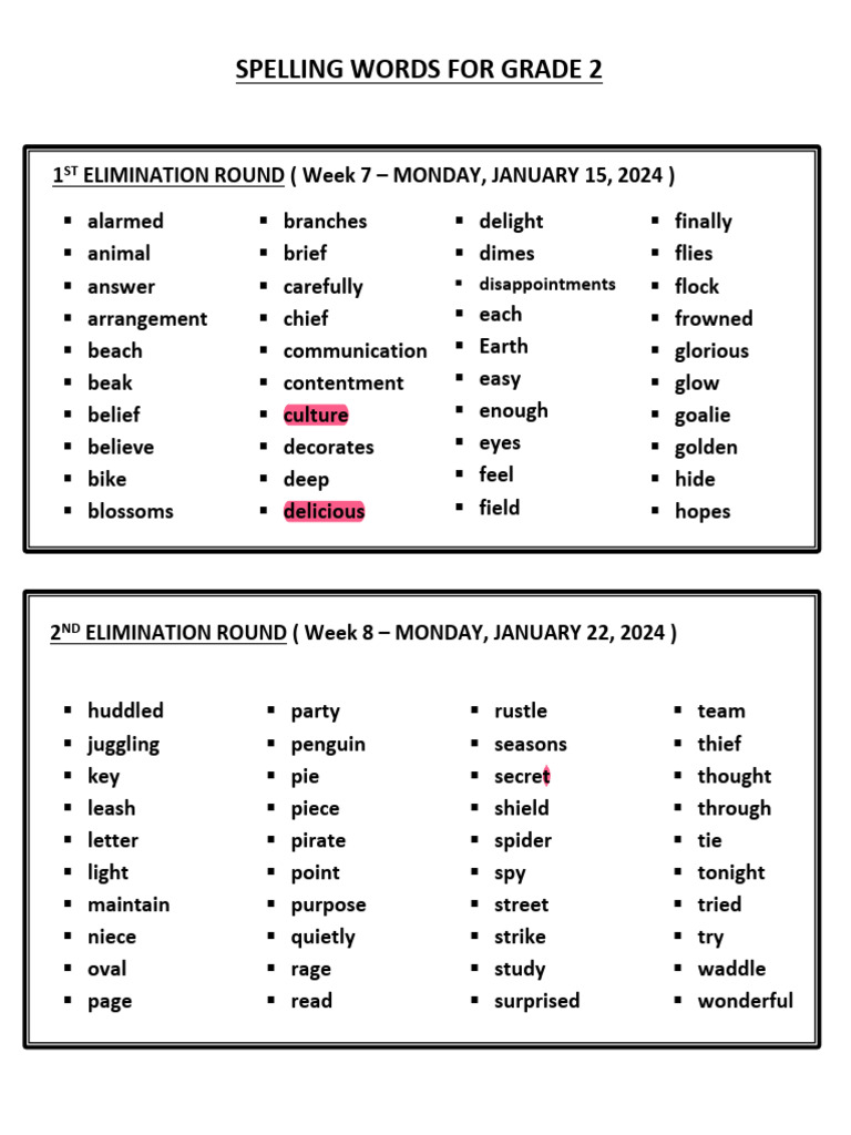 2024 Grade 2 Spelling Bee Words | PDF