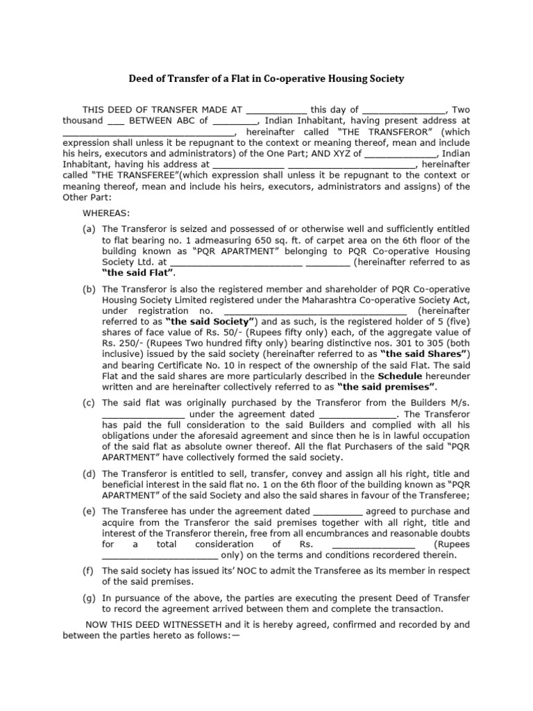 Transfer Deed for Co-op Flat Ownership | PDF | Mortgage Law | Deed
