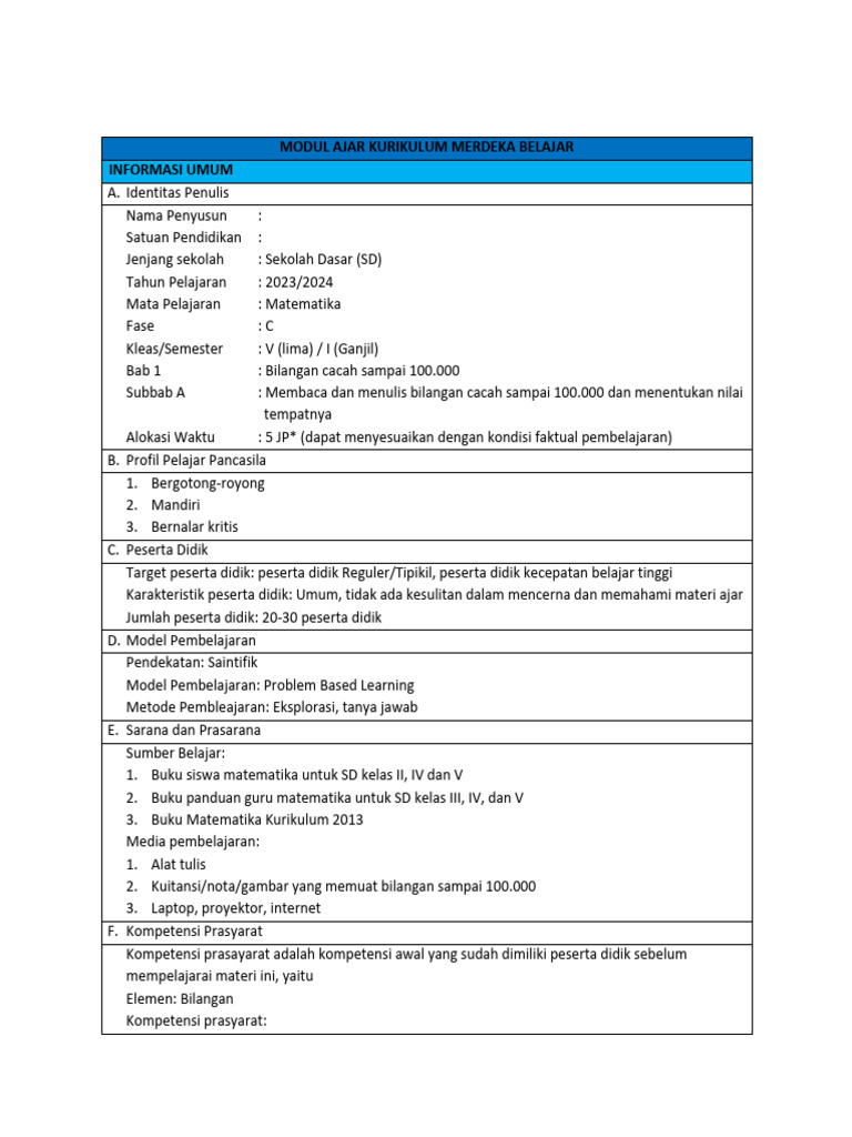 Modul Ajar Matematika Kelas 5 | PDF