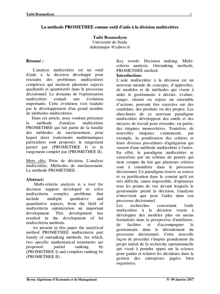 Méthode PROMETHEE en décision multicritère | PDF | Méthodologie ...