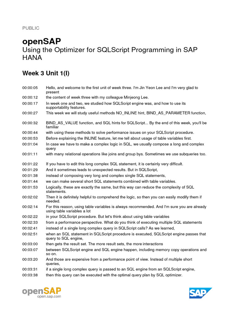 SQLScript Optimization with HANA Hints | PDF | Parameter (Computer ...