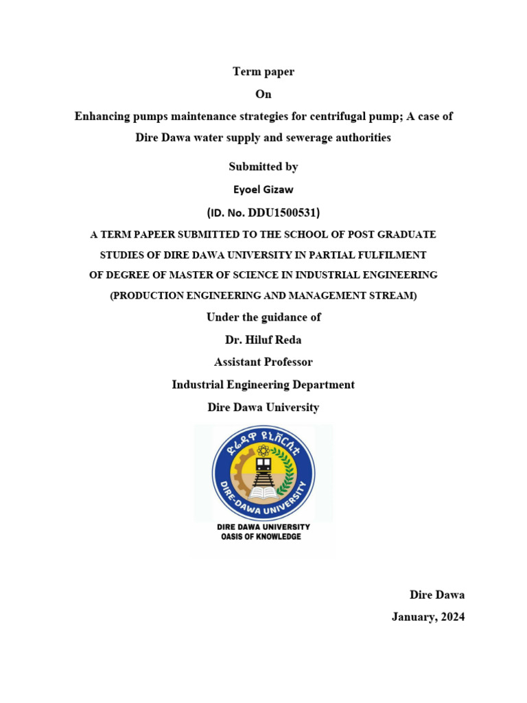 Final Term Paper On Enhancing Pumps Maintenance Strategies For ...