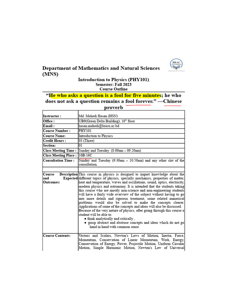 PHY101 Introduction to Physics Course Outline | PDF | Waves | Capacitor