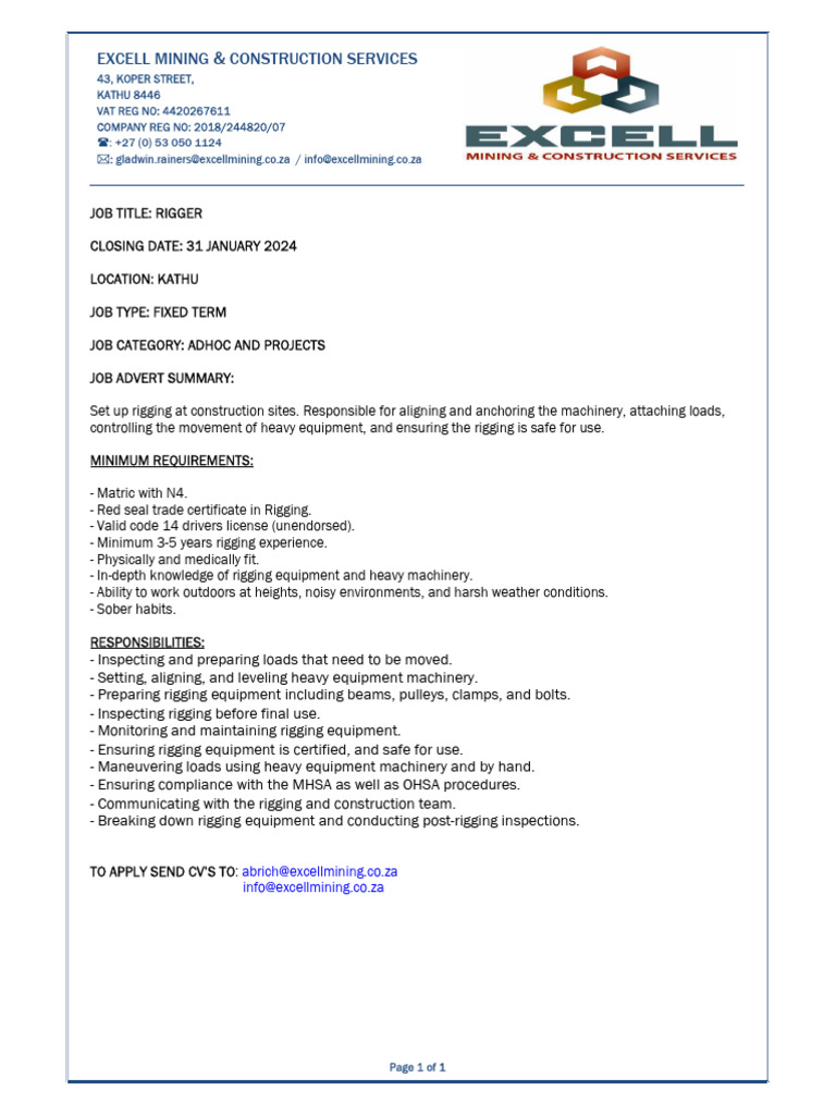 Rigger Position Available in Kathu | PDF | Technology & Engineering