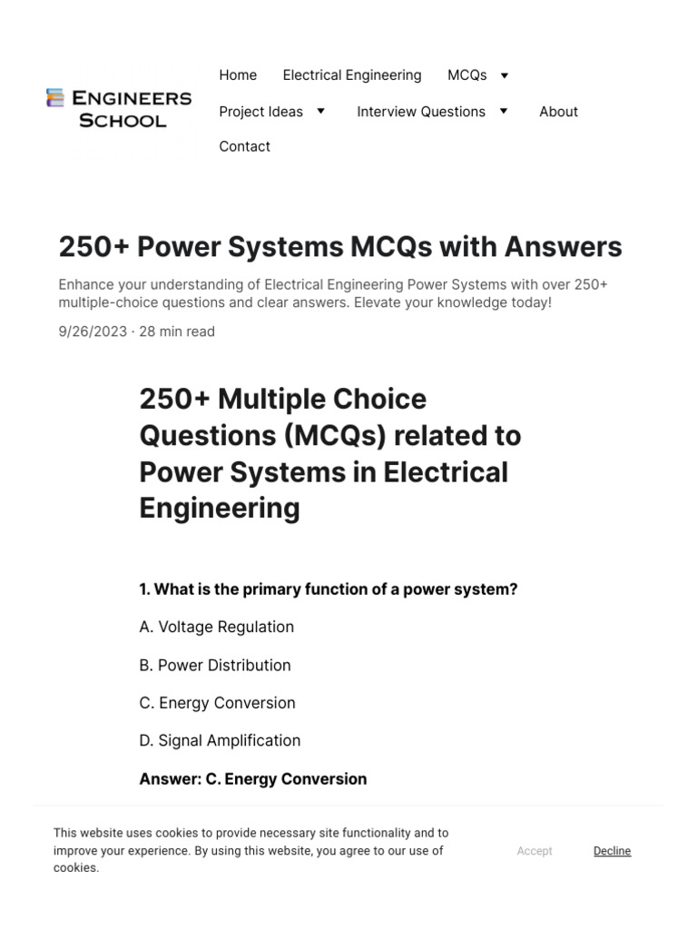 250+ Power Systems MCQs With Answers Engineers School Download Free