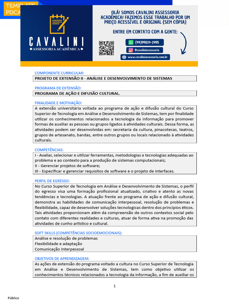 Projeto De Extensão Ii Análise E Desenvolvimento De Sistemas Pdf