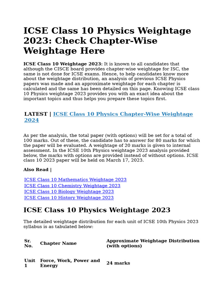 ICSE Class 10 Physics Weightage 2023 | PDF | Physics | Force