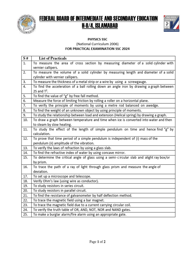 SSC Physics List of Practical and Questions | PDF | Pendulum | Series ...
