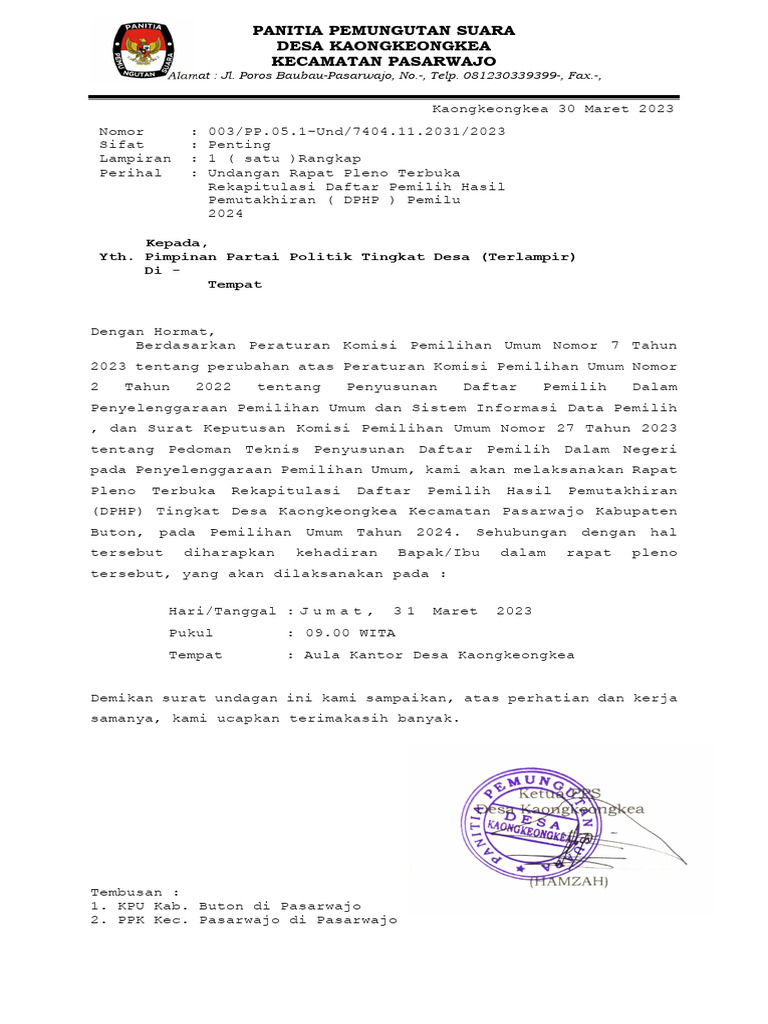 Undangan Rapat Pleno DPHP Pemilu 2024 | PDF