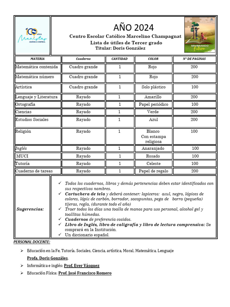 Lista de útiles Tercer grado 2024 | PDF | Color