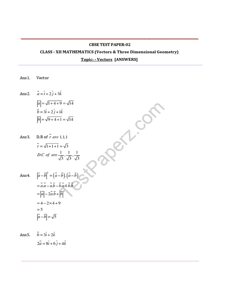 CBSE Class 12 Math Test Paper on Vectors | PDF | Differential Geometry ...