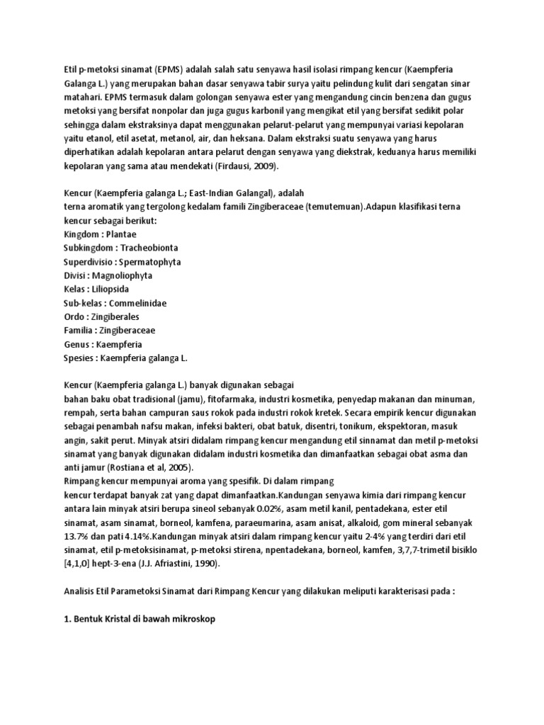 Isolasi Etil p-Metoksisinamat dari Kencur | PDF