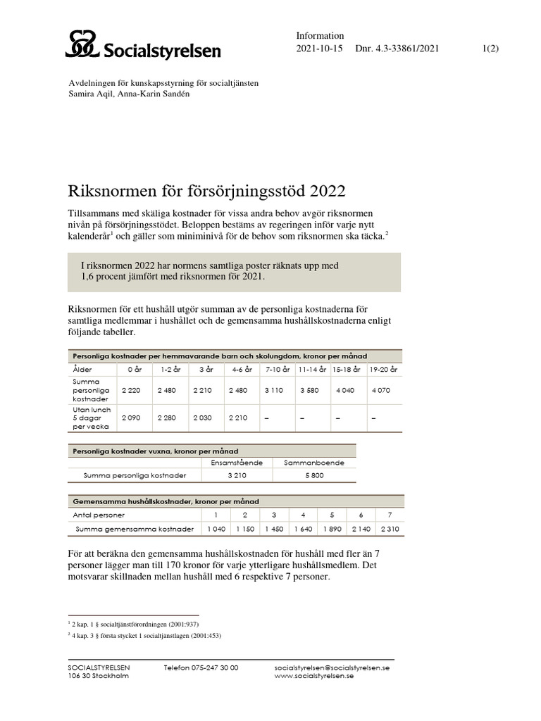 Riksnormen For Forsorjningsstod 2022 PDF