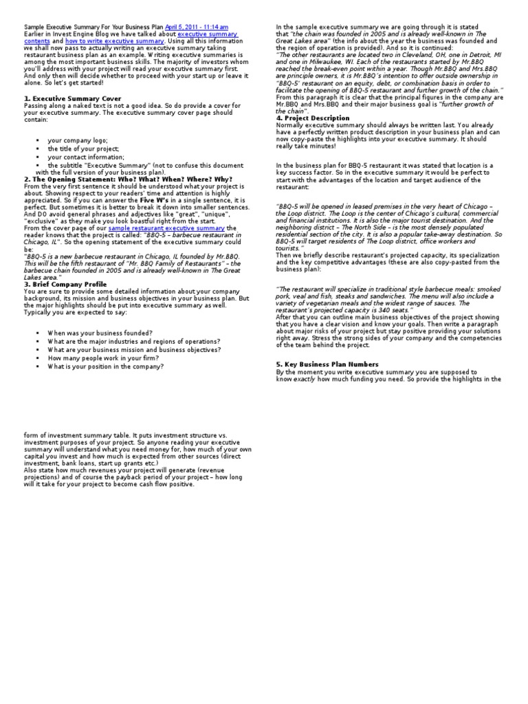 Example of executive summary for business plan image