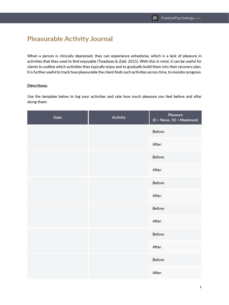 Pleasurable Activity Journal Template | PDF | Neuropsychology ...