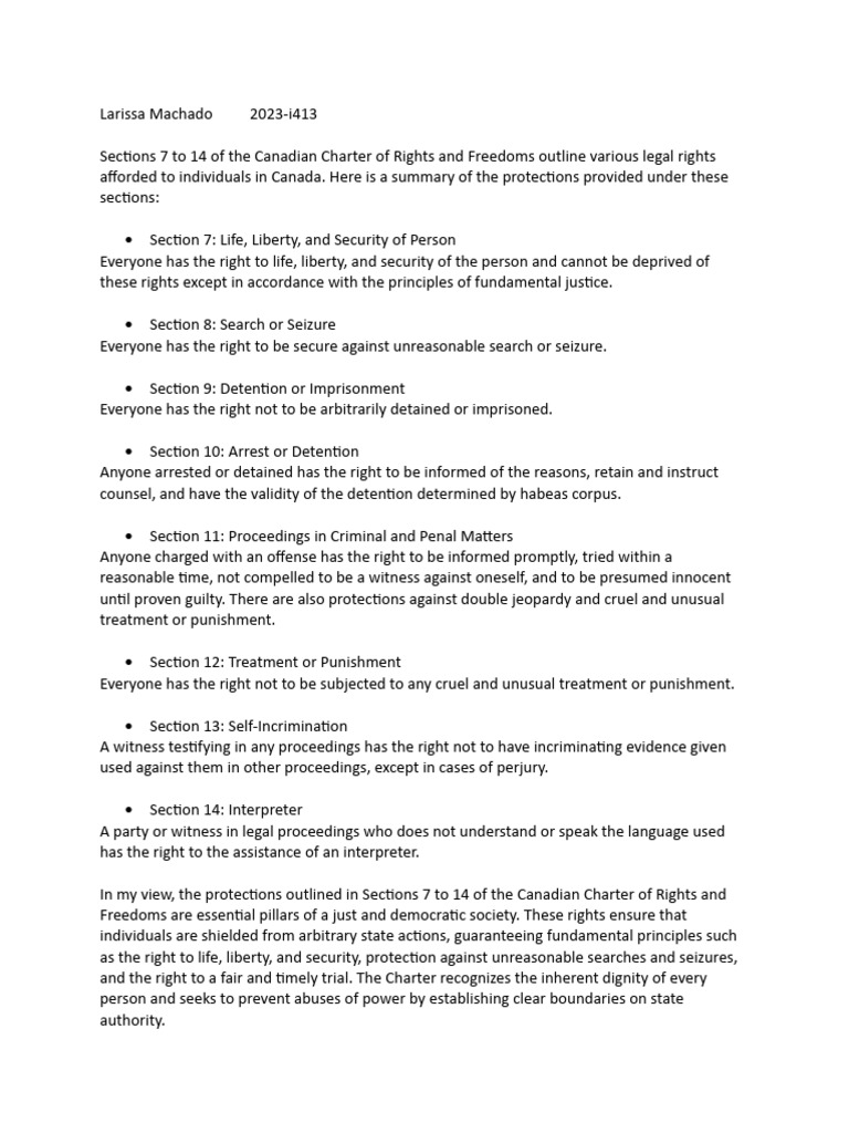 Canadian Charter Rights: Sections 7-14 Summary | PDF | Detention ...