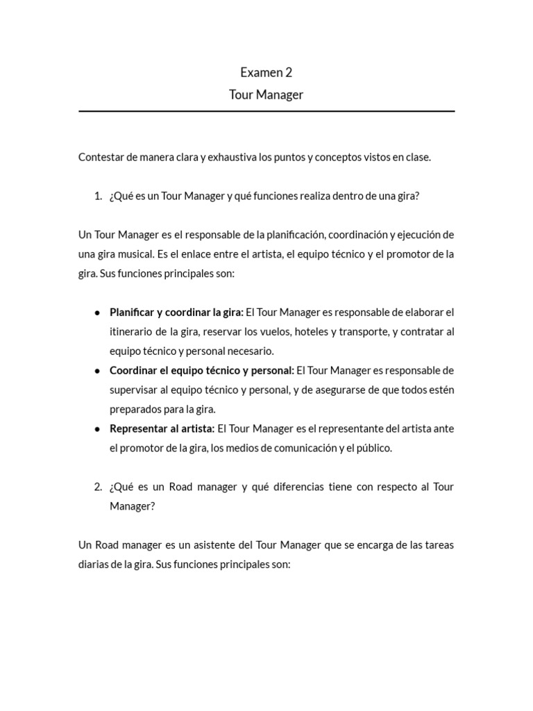 Funciones del Tour y Road Manager | PDF | Logística | Planificación