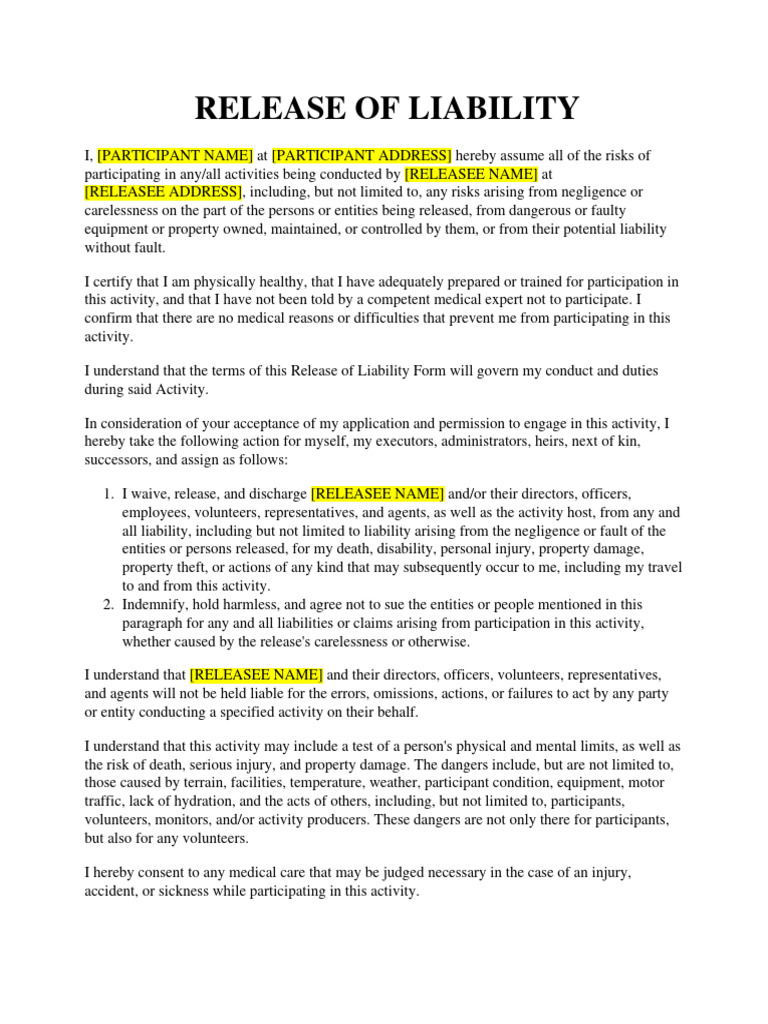 Liability Waiver Form Template | PDF | Legal Liability | Indemnity