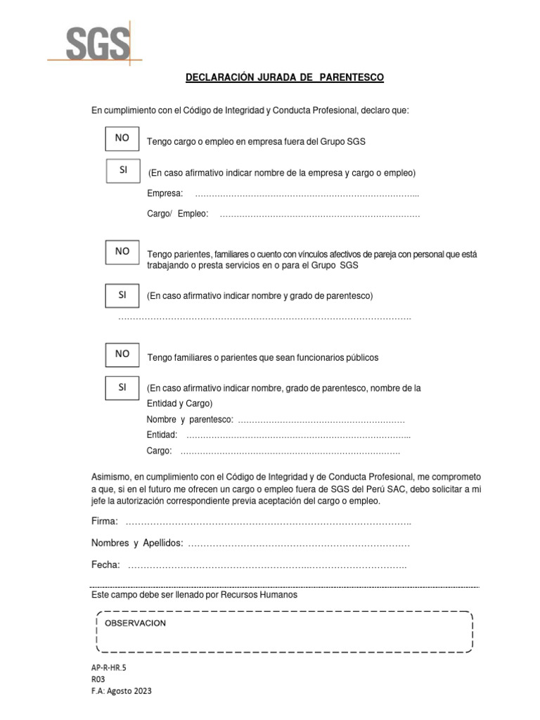 Declaracion Jurada Parentesco Jhan | PDF