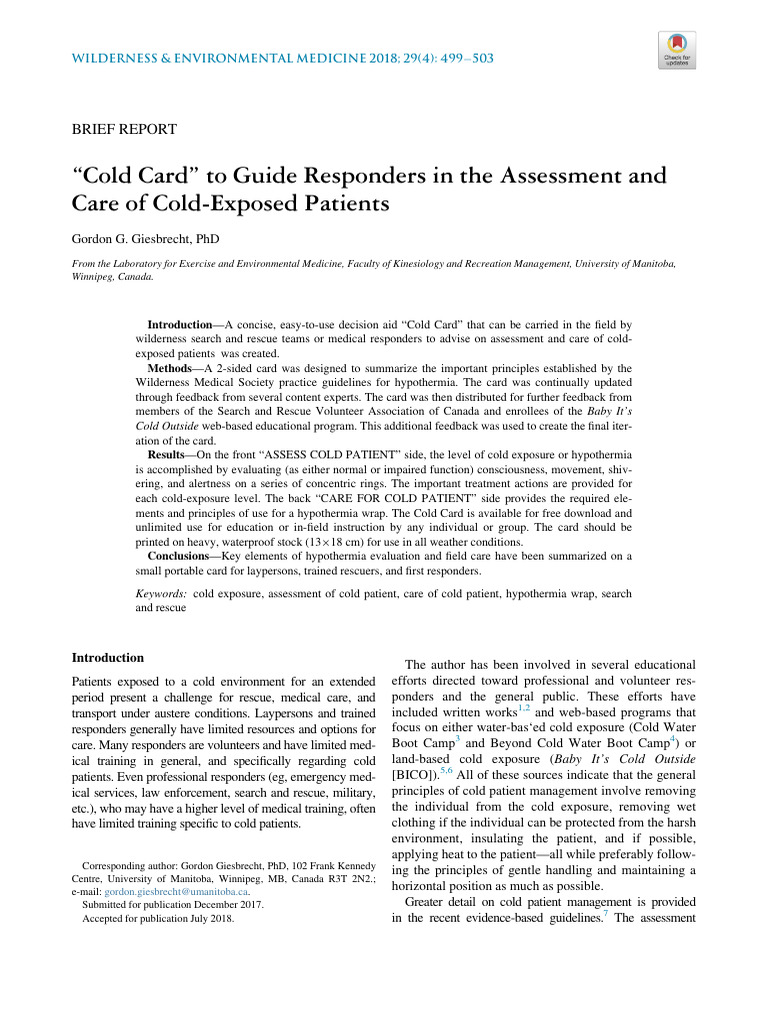 Cold Card for Cold Patient Care Guide | PDF | Hypothermia