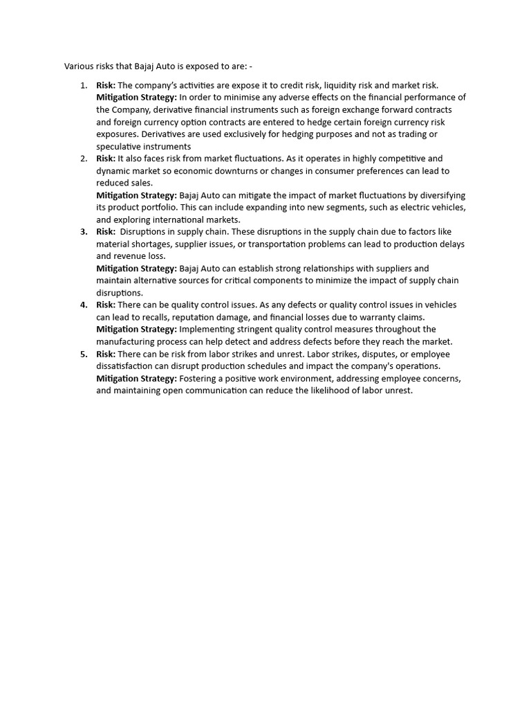 Bajaj Auto Risks and Mitigation Strategies | PDF