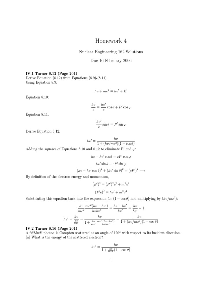 Nuclear Engineering Homework Solutions | PDF | Electronvolt | X Ray