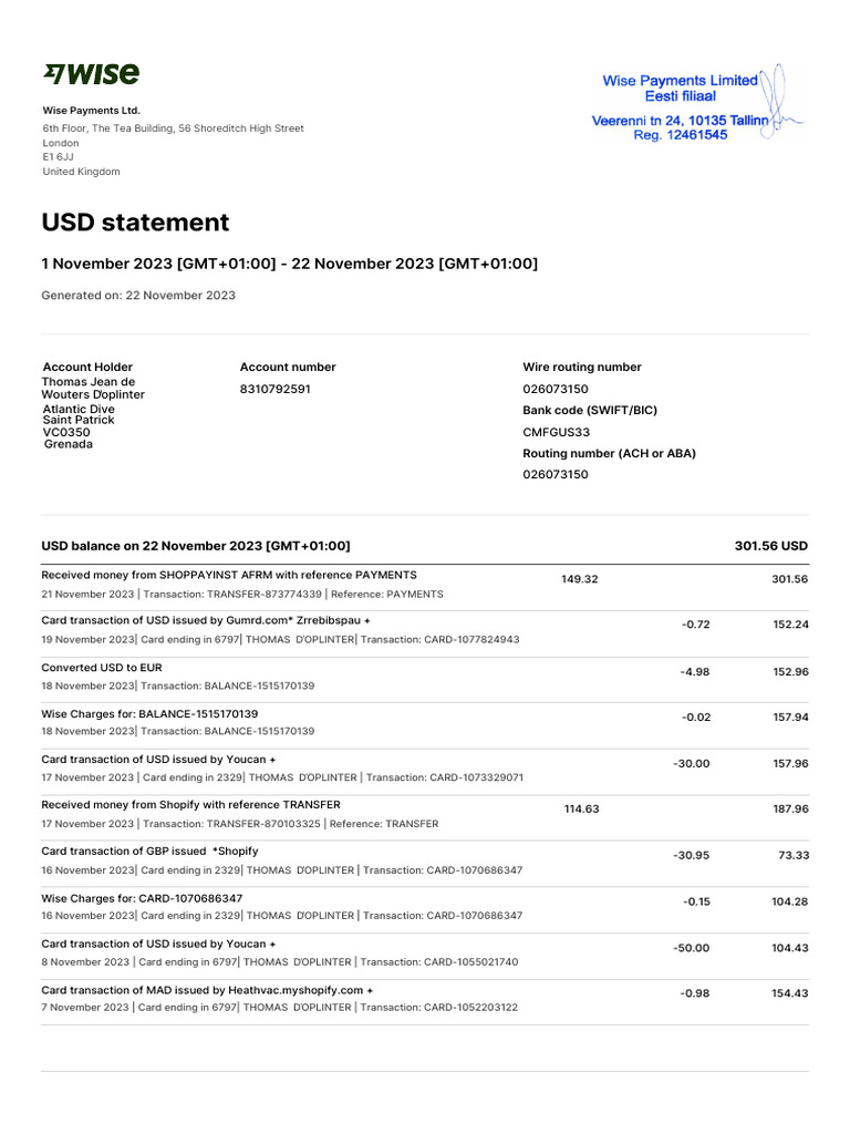 Statement - 14043138 - USD - 2023 04 01 - 2023 11 22 1 1 | PDF | Pay ...