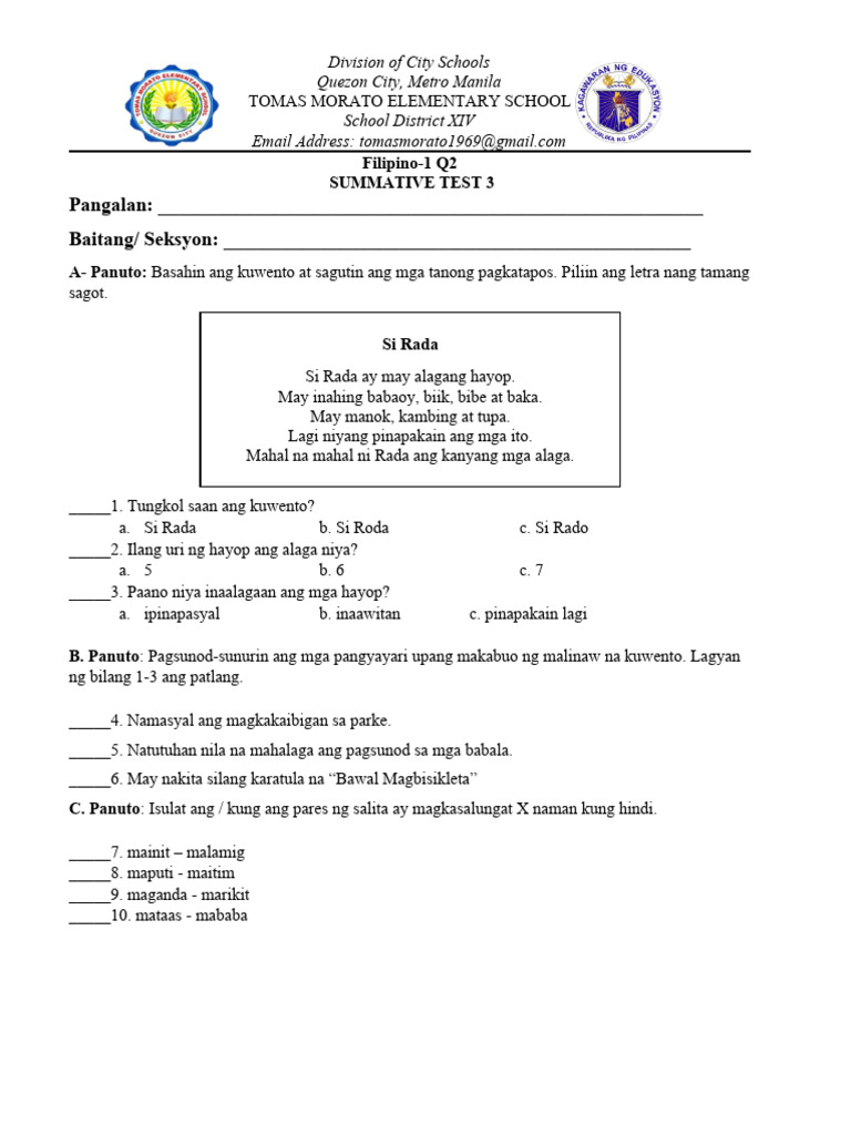 Filipino 1 Q2 SUMMATIVE TEST 3 | PDF