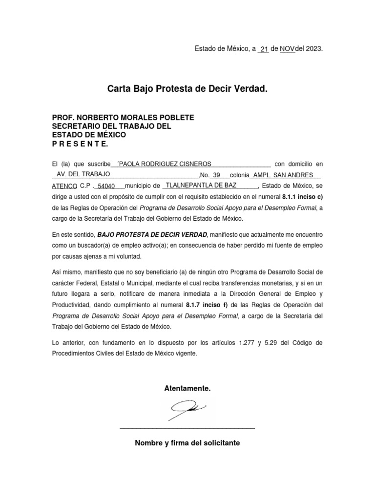 Carta Bajo Protesta para Seguro de Desempleo | PDF