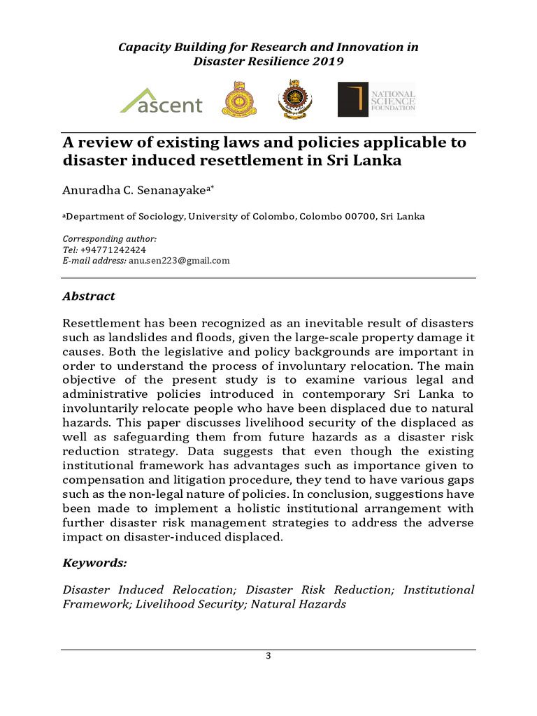 A review of existing laws and policies applicable to disaster induced