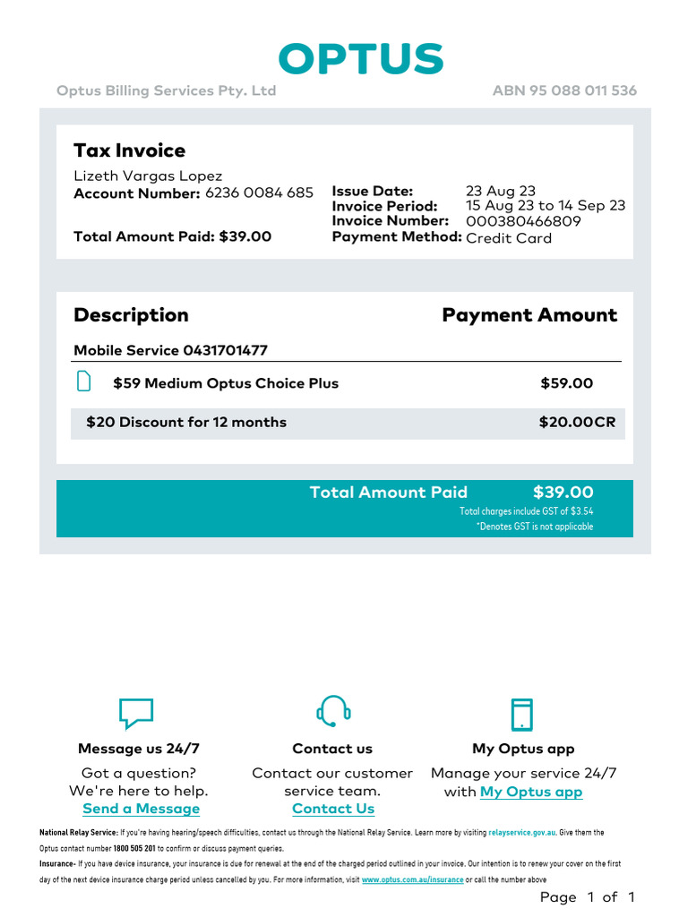 OptusInvoice 23 Aug 2023 64019749 PDF Invoice Payments