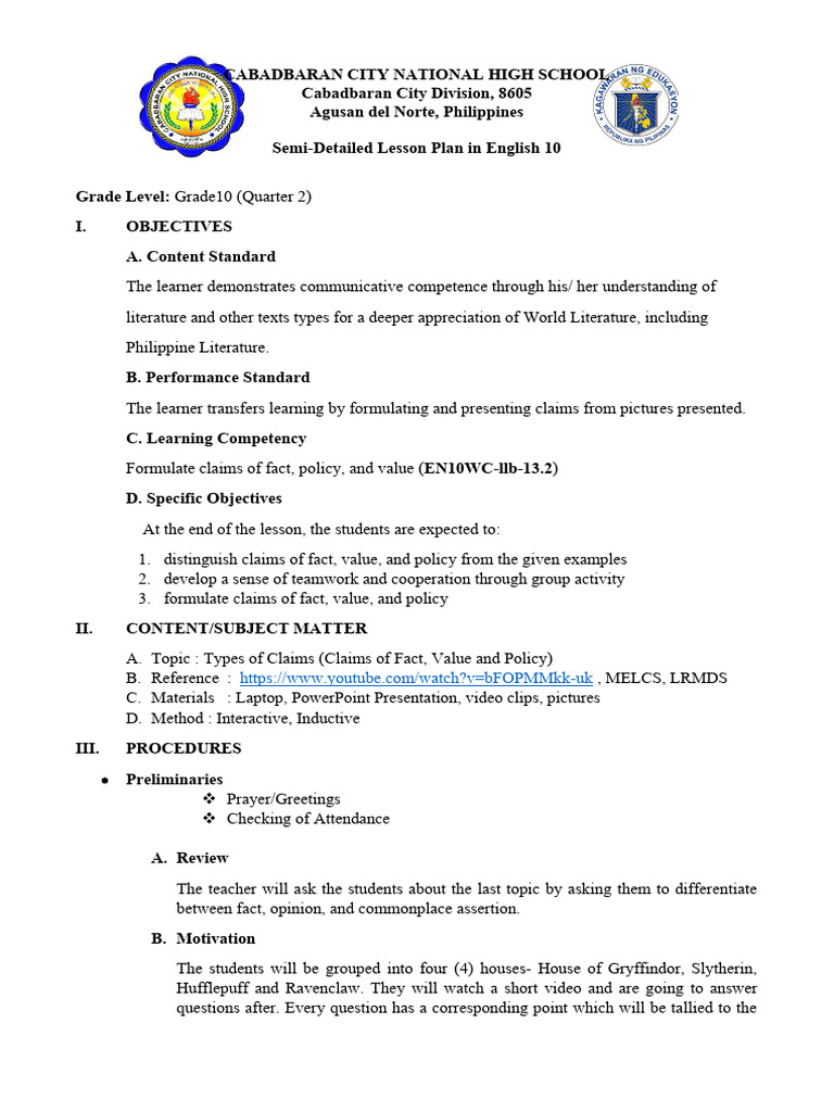 Types Of Claims Lesson Plan