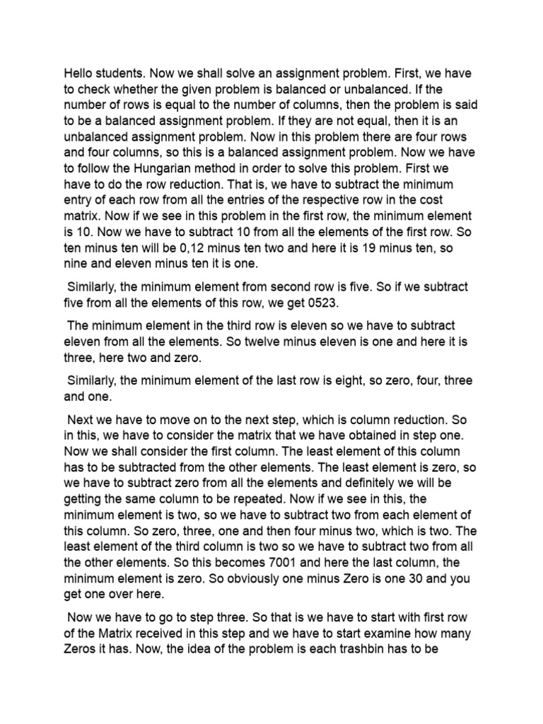 Assignment Problem Solving Guide | PDF | Matrix (Mathematics) | Linear ...