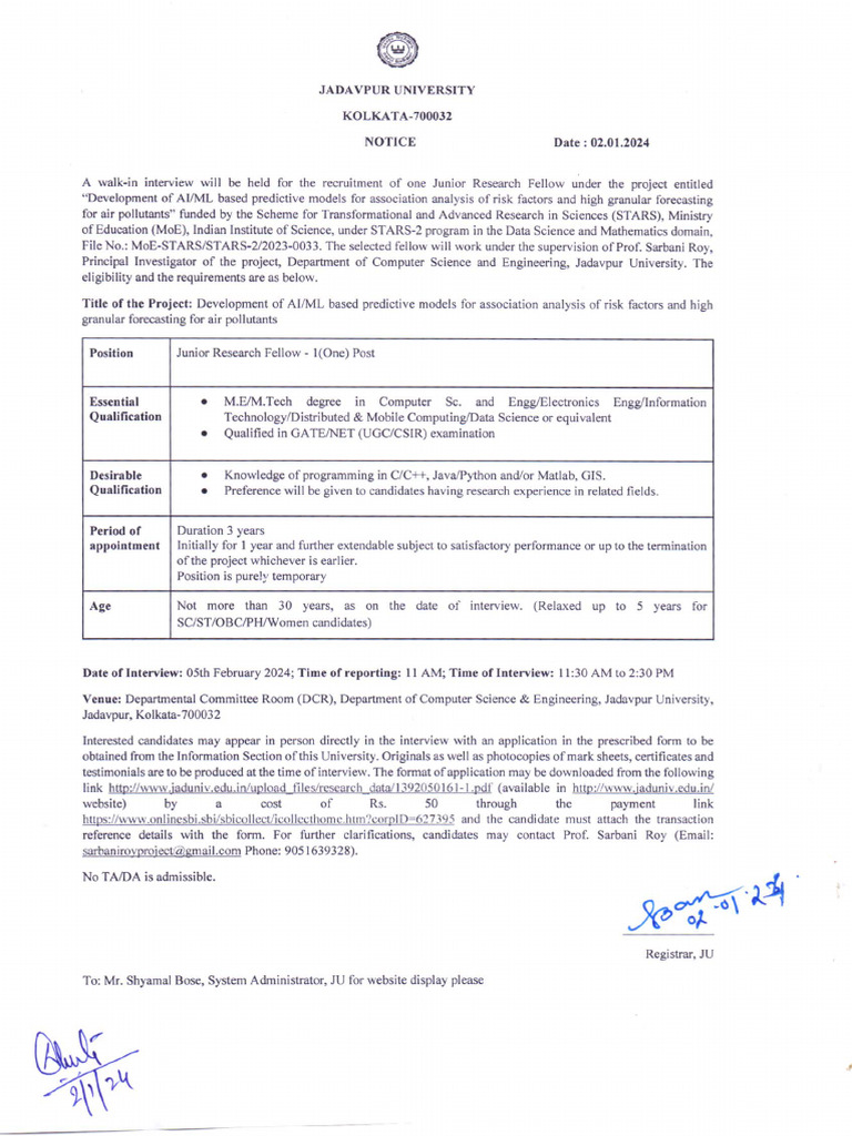 JRF Selection Notice - STARS Project | PDF