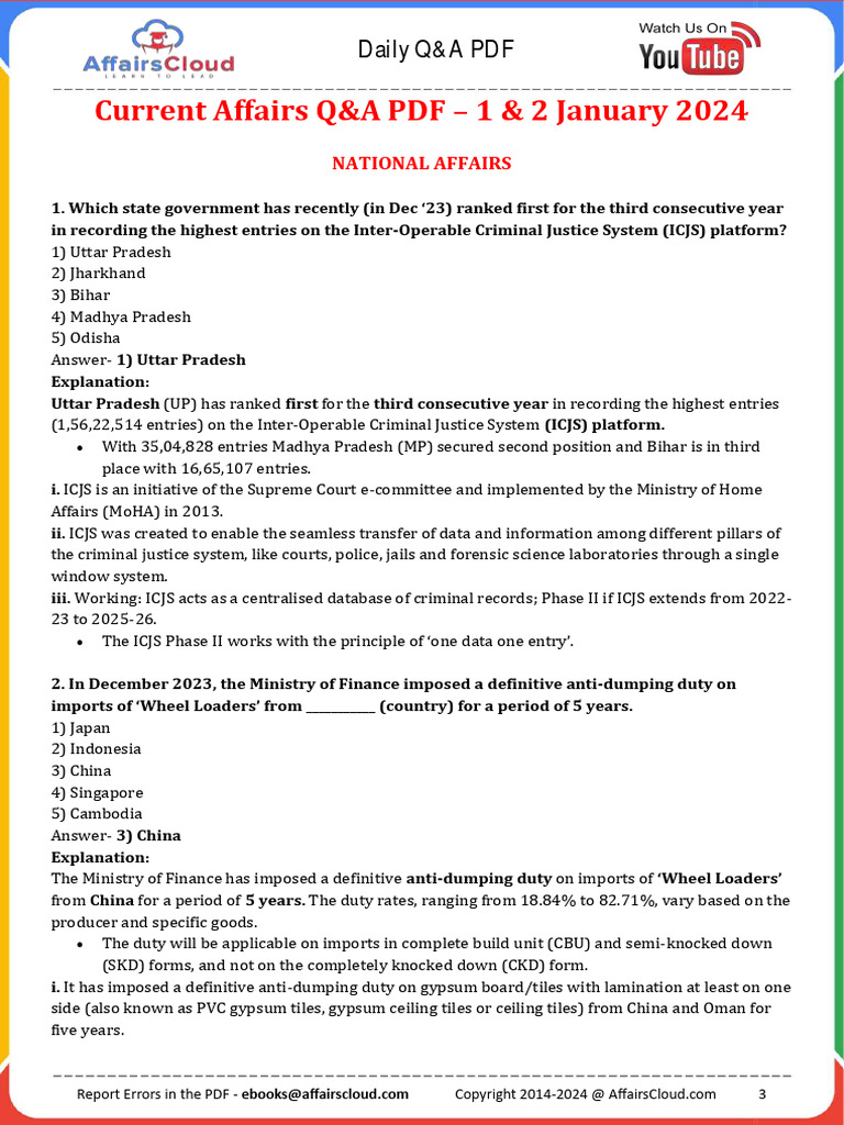 Current Affairs Q&A PDF January 1-2 2024 by Affairscloud 1 | PDF ...