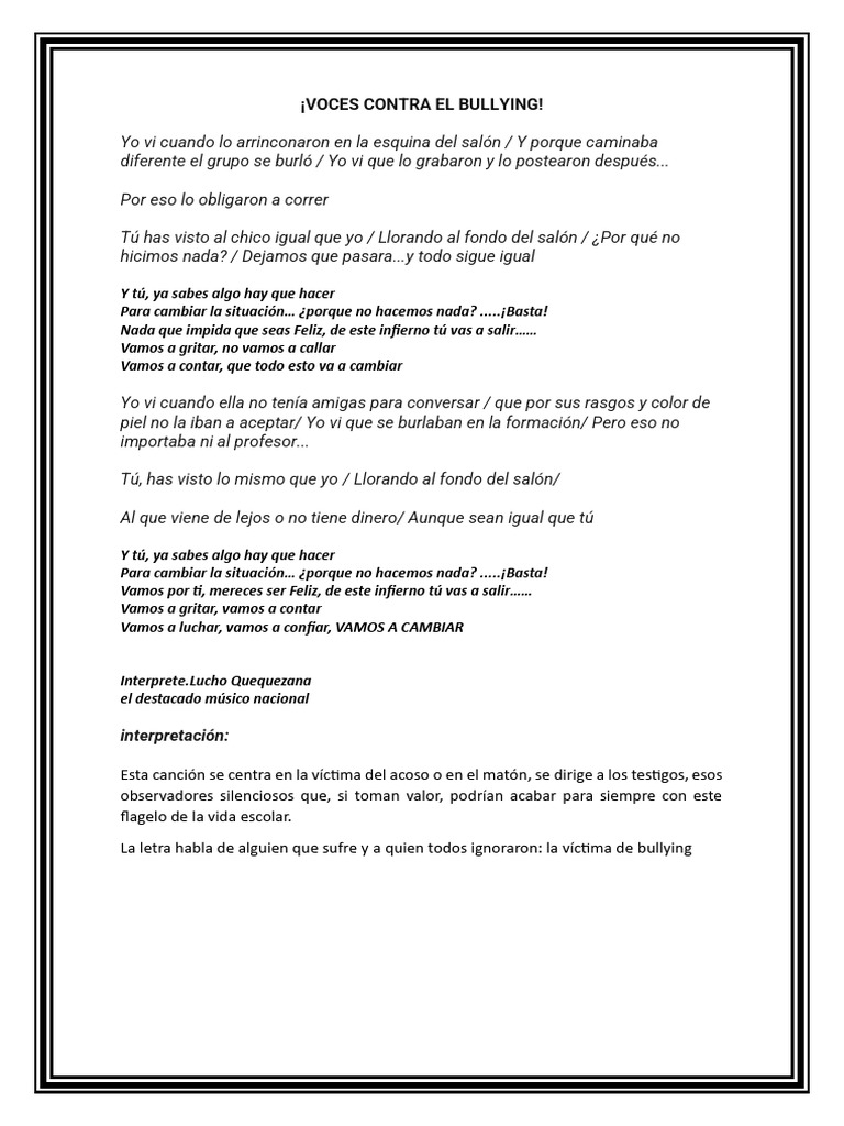 Voces contra el bullying: letra y mensaje | PDF