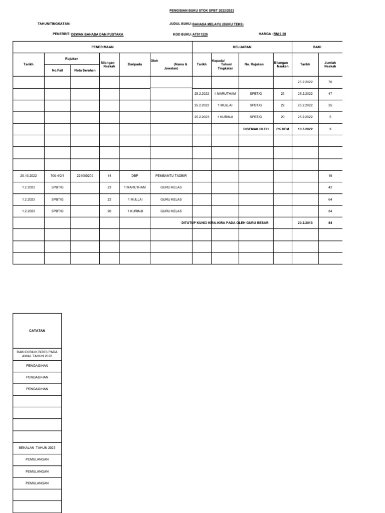 Pengisian Buku Stok SPBT 2022/2023 | PDF