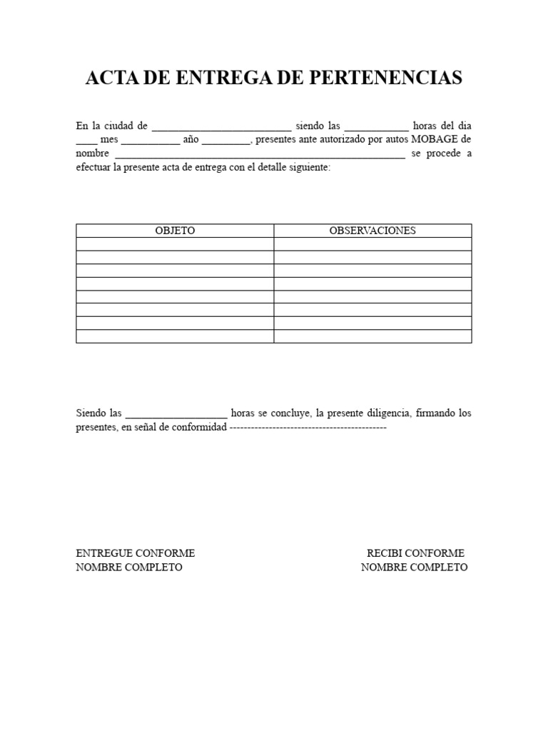 Acta de Entrega de Pertenencias PDF