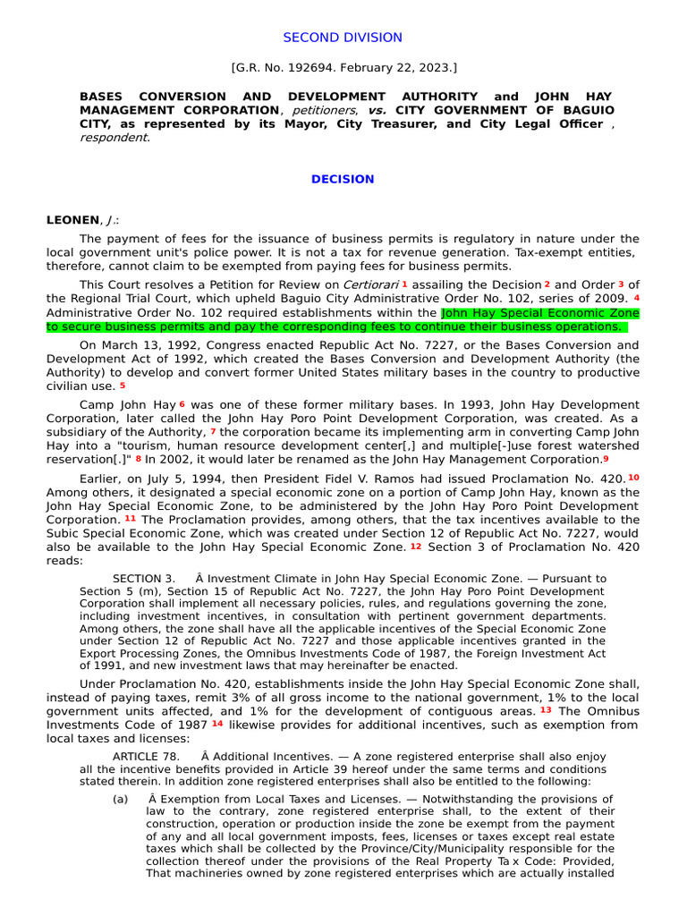 John Hay Special Economic Zone Fees | PDF