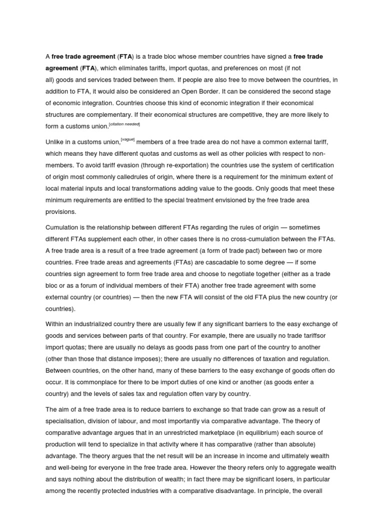 Agreement (FTA), Which Eliminates Tariffs, Import Quotas, and ...