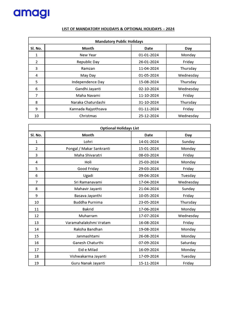 Amagi Bangalore Holidays List 2024 PDF