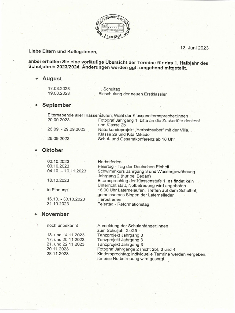 Terminübersicht 1. HJ 2023 2024 PDF