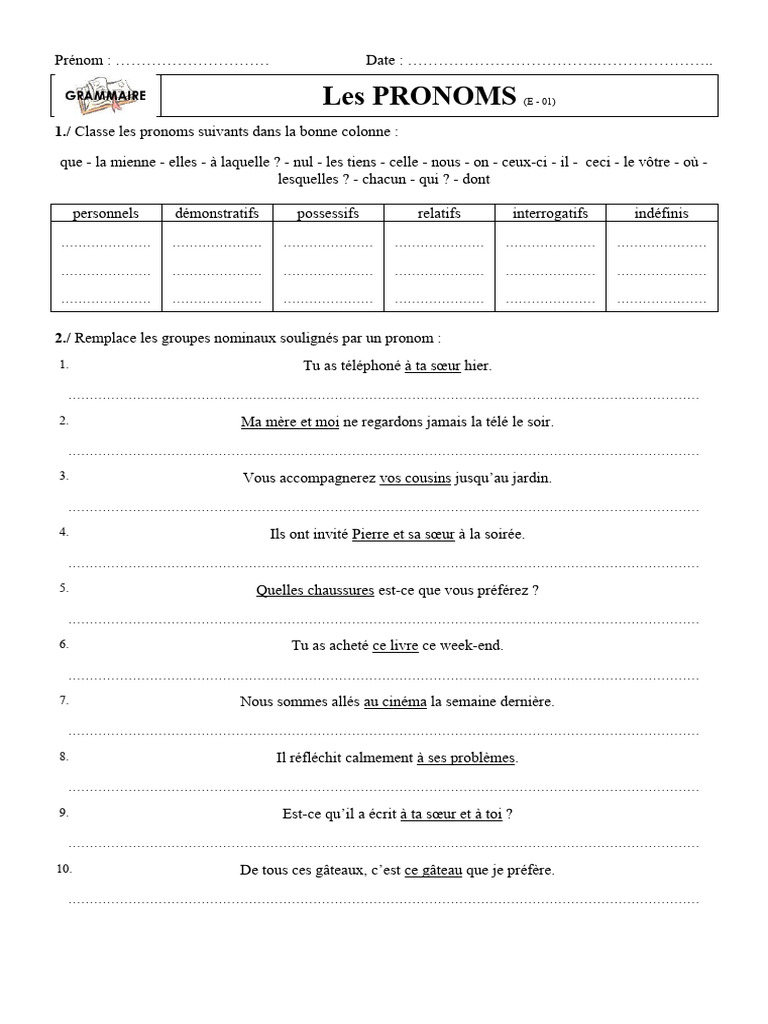 Exercices sur les pronoms personnels | PDF