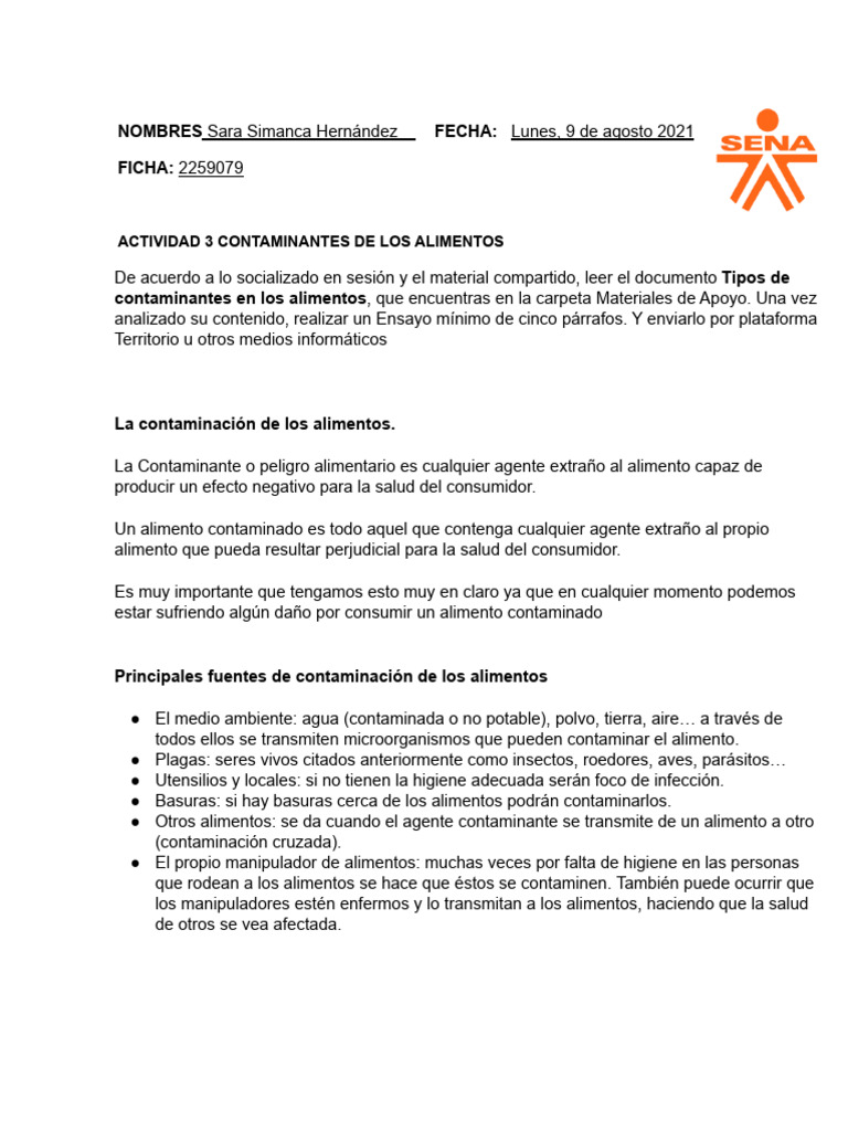 Tipos de Contaminación Alimentaria | PDF | Alimentos | Contaminación