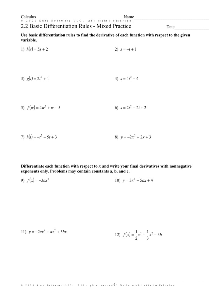 Calculus Differentiation Worksheet | PDF | Derivative | Elementary ...