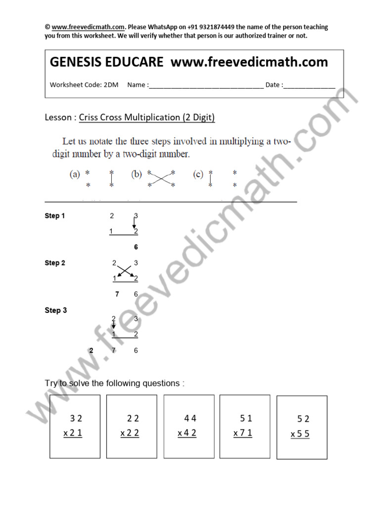 Vedic Math Worksheet 3 Multiplication Of 2 Digit Numbers Pdf