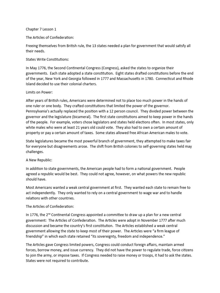 Articles of Confederation Overview | PDF | United States Congress ...