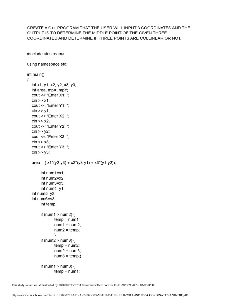 Create A C Program That The User Will Input 3 Coordinates and The | PDF ...